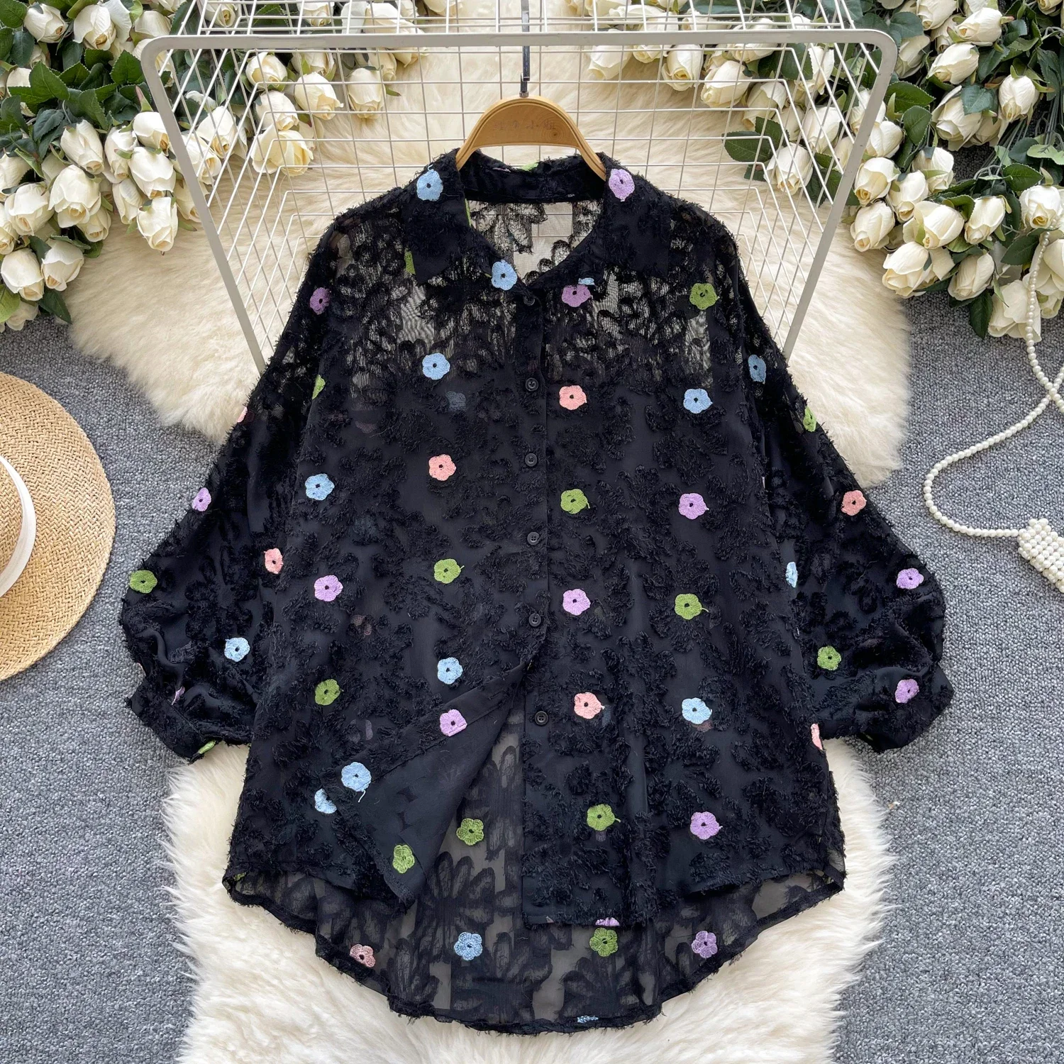 Vintage Long Puff Sleeve Casual Mesh Embroidered Hollow Out Shirt Slim Basics Floral Chic Women High Street Streetwear Blouse