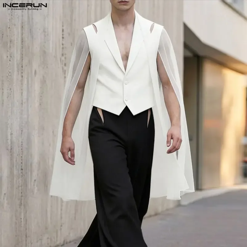 INCERUN Men Irregular Blazer Mesh Patchwork See Through Lapel Suit For Man Streetwear 2026 Fashion Casual Blazer Men Cloak Cape