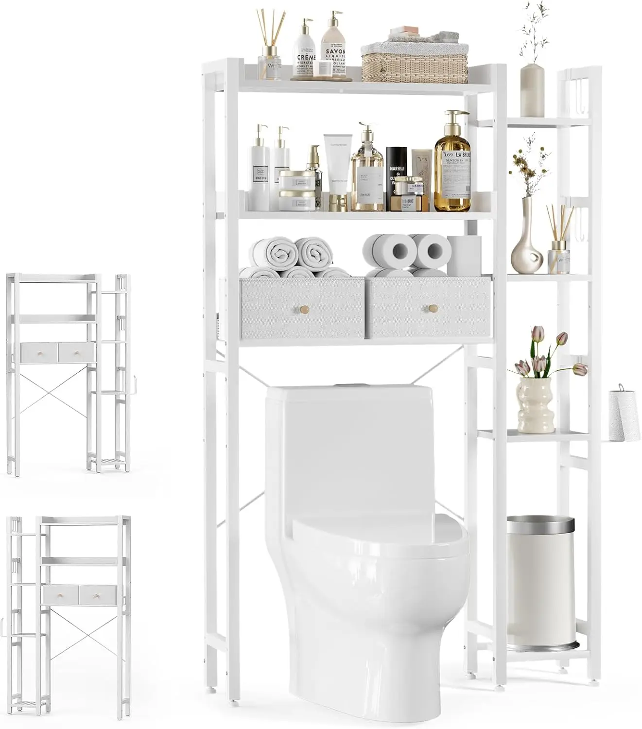 

Over Toilet Storage with 2 Drawers, 7 Tier Adjustable Shelves and Hooks, Space Saver Bathroom Organizer, White