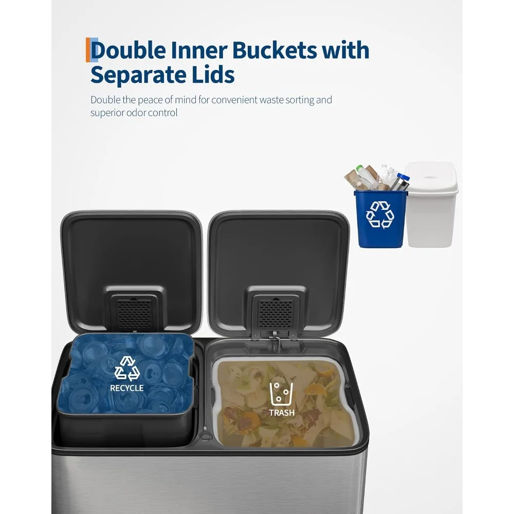 2x10.6 Gal Dual Kitchen Trash Can Fingerprint-Proof Stainless Steel