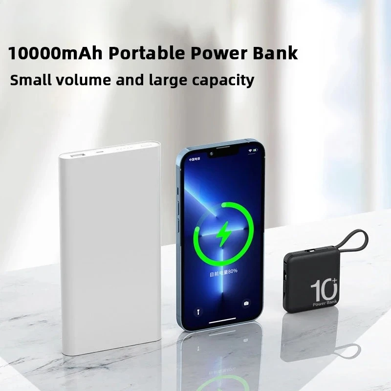 

Мини-банк питания 10000 мАч с кабелем Type-C, 5000 мАч, мобильный внешний аккумулятор с быстрой зарядкой для iPhone 15, Samsung Xiaomi Powerbank