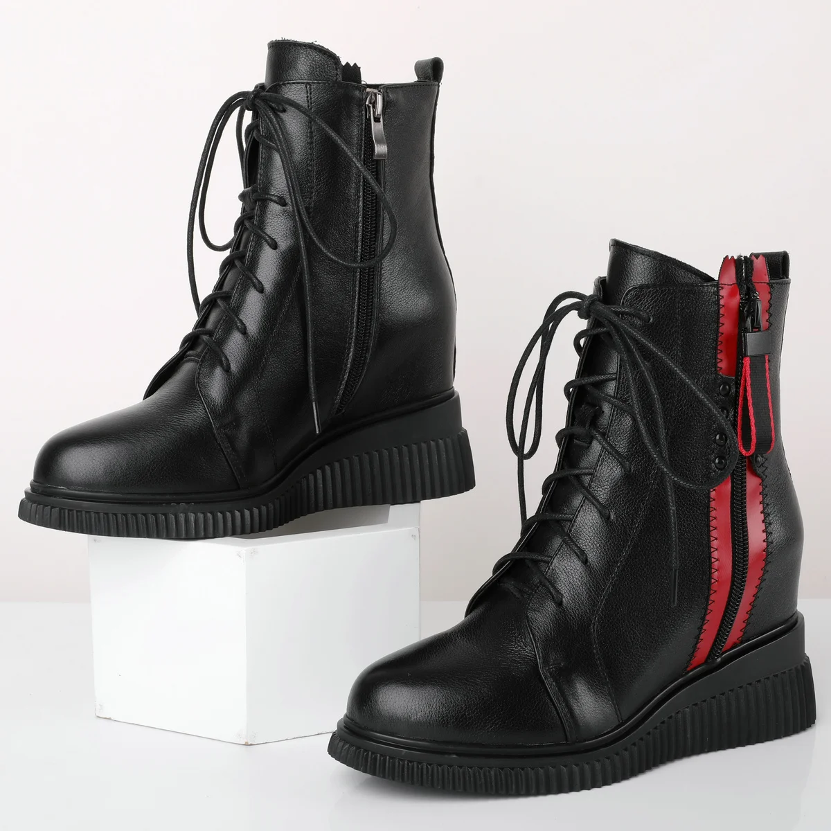 

Winter Pumps Platform Shoes Women Lace Up Genuine Leather Wedges High Heel Snow Boots Round Toe Fashion Sneakers Casual Shoes
