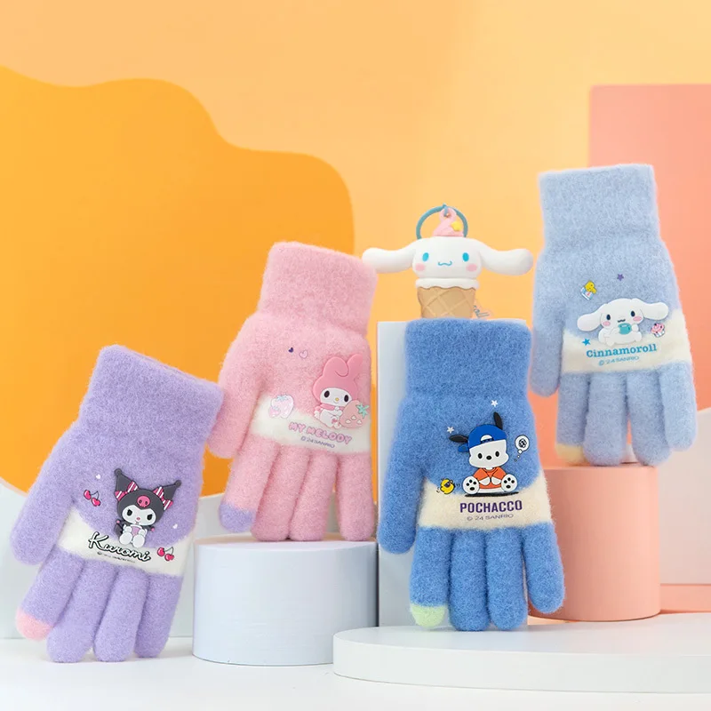 Genuine Sanrio Children's Gloves Full-finger Autumn and Winter Warm Cute Kuromi Gloves for Boys and Girls Aged 7-12 Years Old