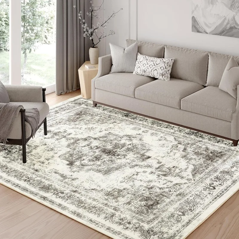 Grey Area Rug 8x10 Indoor Vintage Living Room Carpet Washable Distressed Rug Gray Floral Bedroom Rug Retro Accent