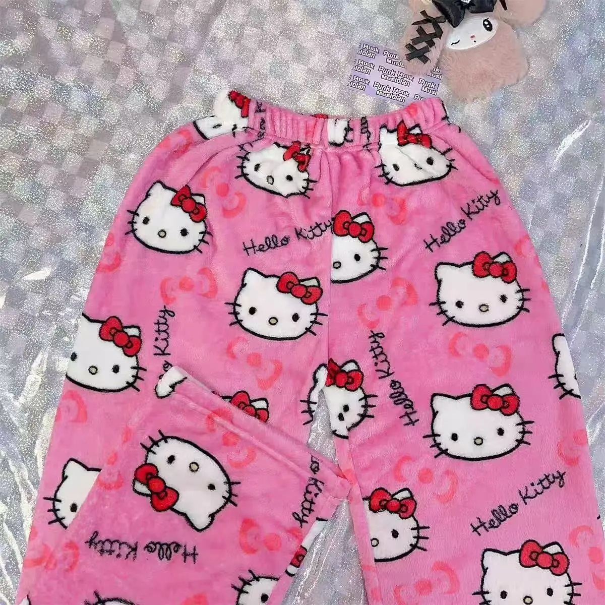 Kawaii Kuromi KT Pajamas Women Girls Winter Anime Warm Pants Casual Loose Coral Velvet Elastic Soft Christmas Party Trousers