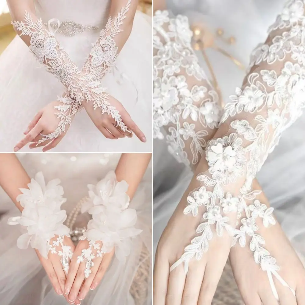 Modische, elegante, fingerlose Spitzenhandschuhe mit Blumenmuster und Perlen, Brauthandschuhe, fingerlose romantische Hochzeitshandschuhe für formelle Anlässe