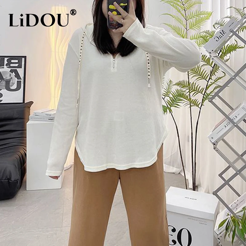 2023 Fall New Temperament Korean Loose Casual Plus Size T-shirts WomenSports Simple Undershirt Solid Color Long Sleeve Tops Tees