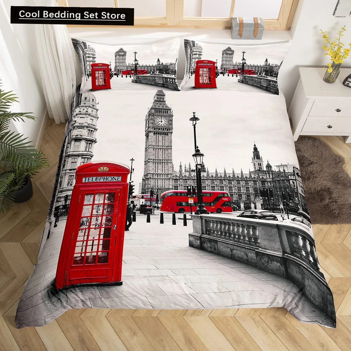 London Telephone Booth King Queen Duvet Cover The Big Ben Bedding Set Retro United Kingdom Quilt Cover Red Grey Comforter Cover