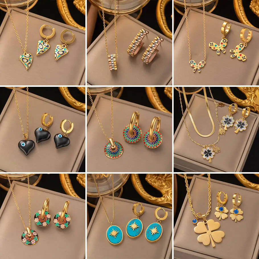 18K Gold Plated Titanium Steel Jewelry Set Women Color Enamel Pendant Necklace Earrings Anti-rust Waterproof Fashion Accessories