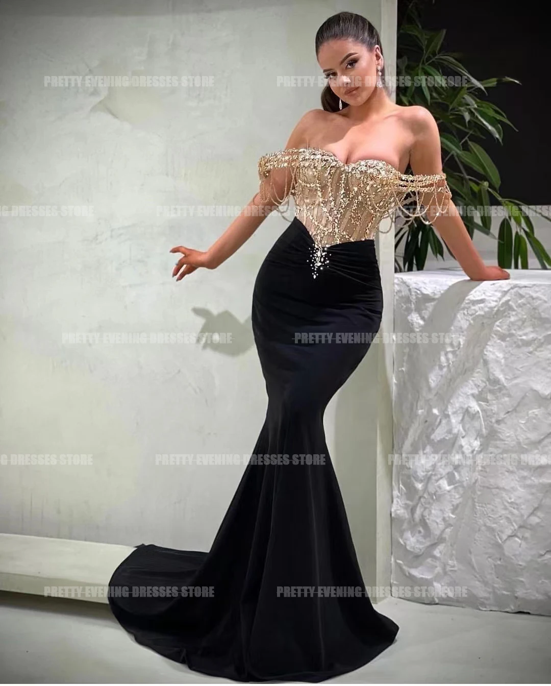 Glisten Black Evening Dresses Trumpet Sexy Off The Shoulder Prom Growns Formal Celebrity Party Fashion Vestido فساتين العيد 2024