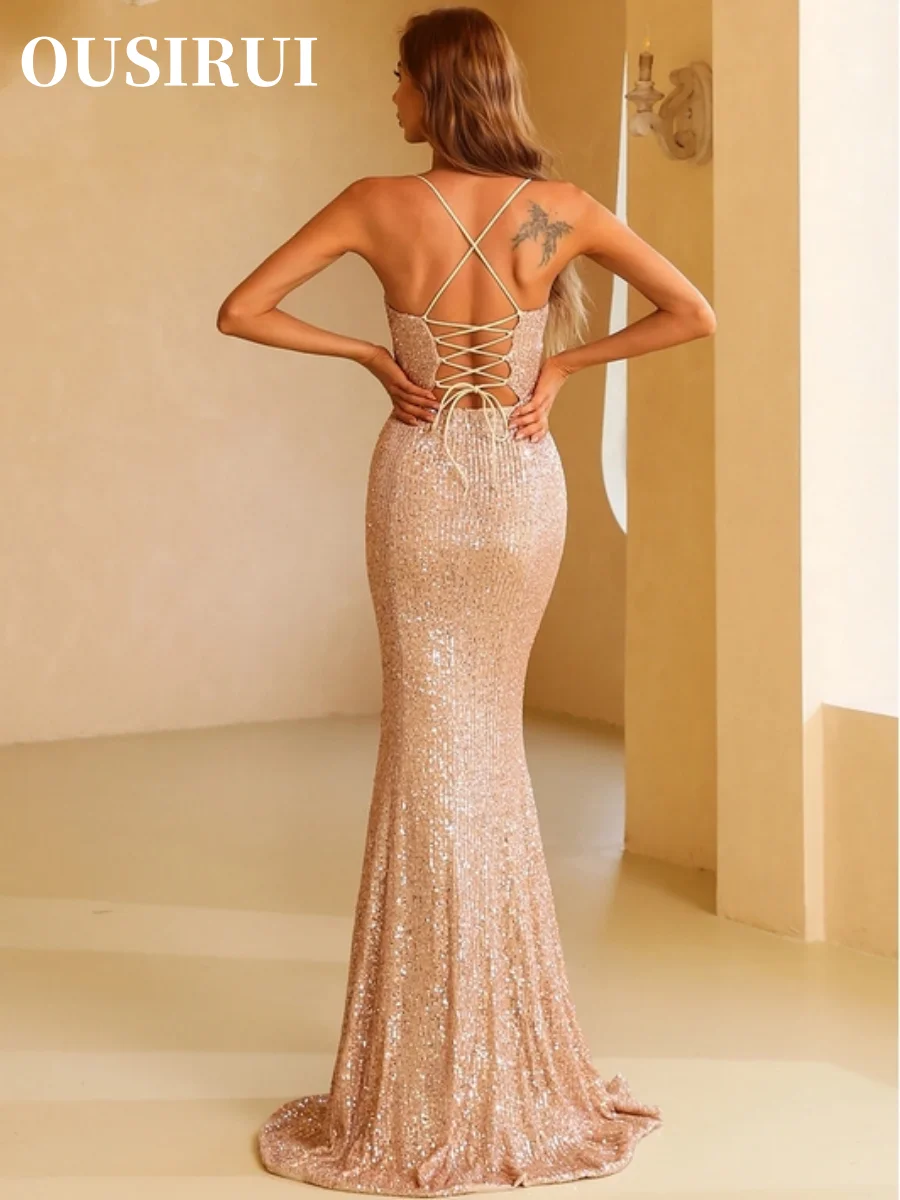 OUSIRUI Cocktail Party Women's Sexy Maxi Dress Ballroom Dress Shiny Sequin Spaghetti Strap Backless Split Evening Dresses