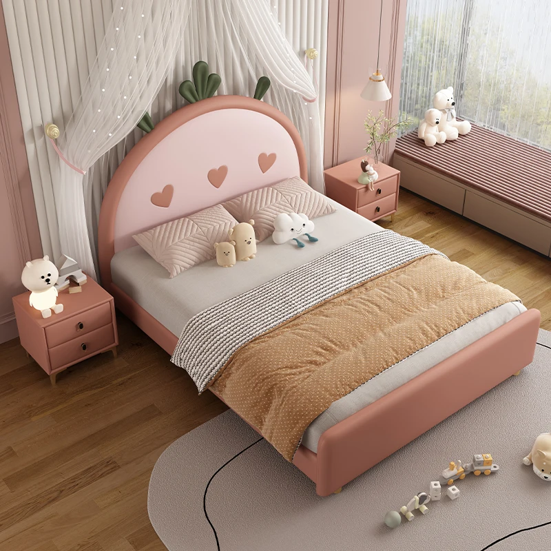 #For modern minimalist strawberry children's bed Girls bedroom 1.5m single bed New design cute leather princess wooden