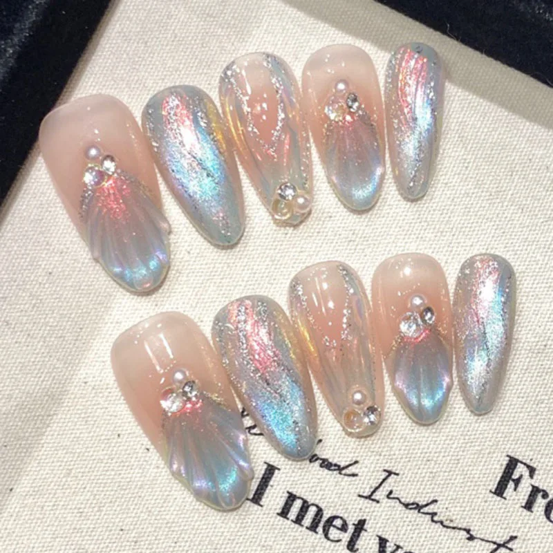 

Mermaid Dream | Glittering 3D Fishtail Medium Almond Press On Nails Pearl Fake Nails 10pcs Handmade Crystal Reusable Nail Tips