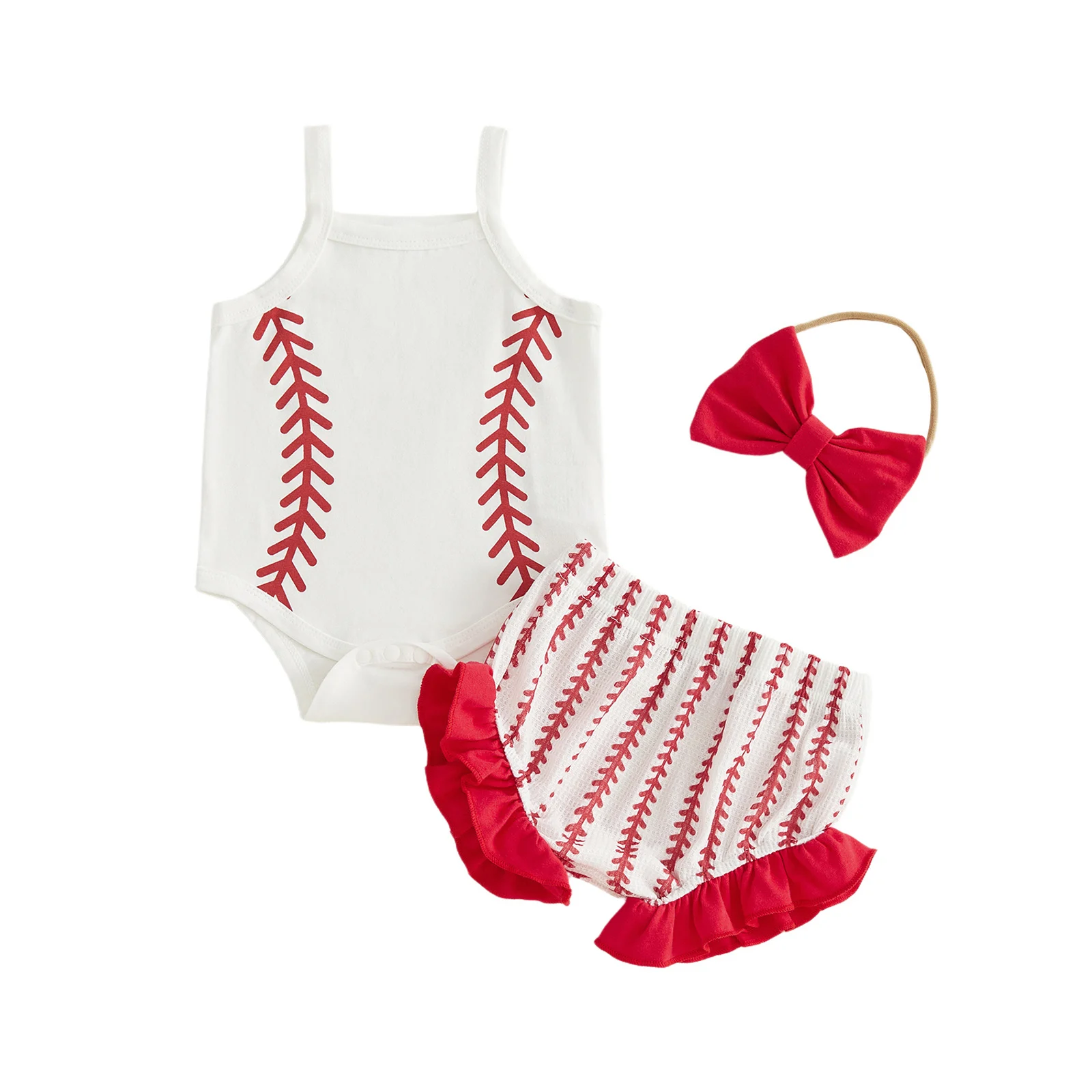 

Очаровательный летний комплект для маленьких девочек: комбинезон с бейсбольным принтом, шорты с рюшами и подходящая повязка на голову, комплект из 3 предметов для младенцев.