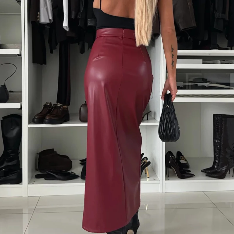 Retro Solid Color Leather Half Skirts Winter New High Street Chic Lady Club Długie spódnice Sexy High Waisted Split Bag Hip Skirts