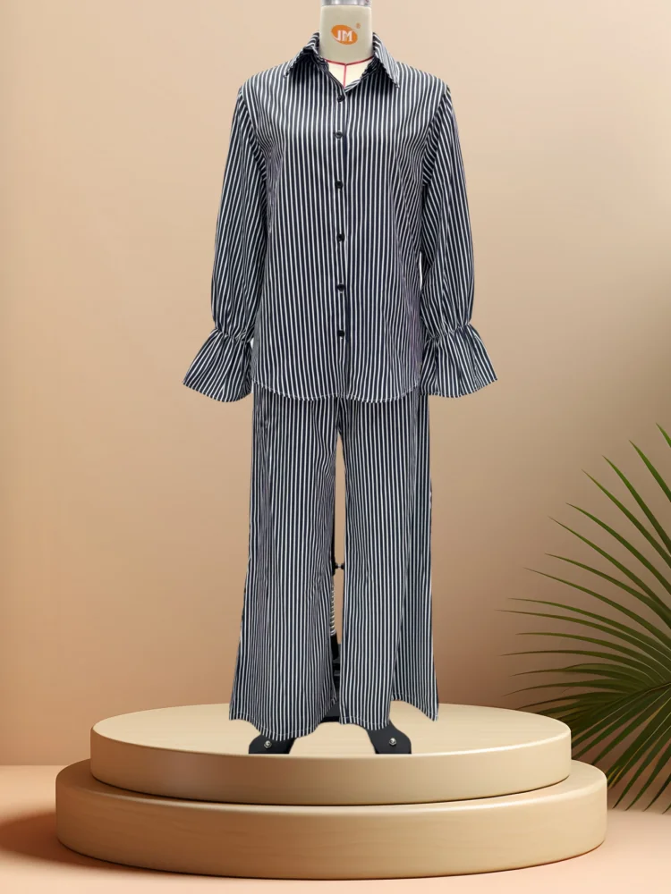 

Женский костюм Sister Star, модная полосатая рубашка на пуговицах с длинными рукавами и широкими брюками, повседневный пригородный наряд из двух предметов