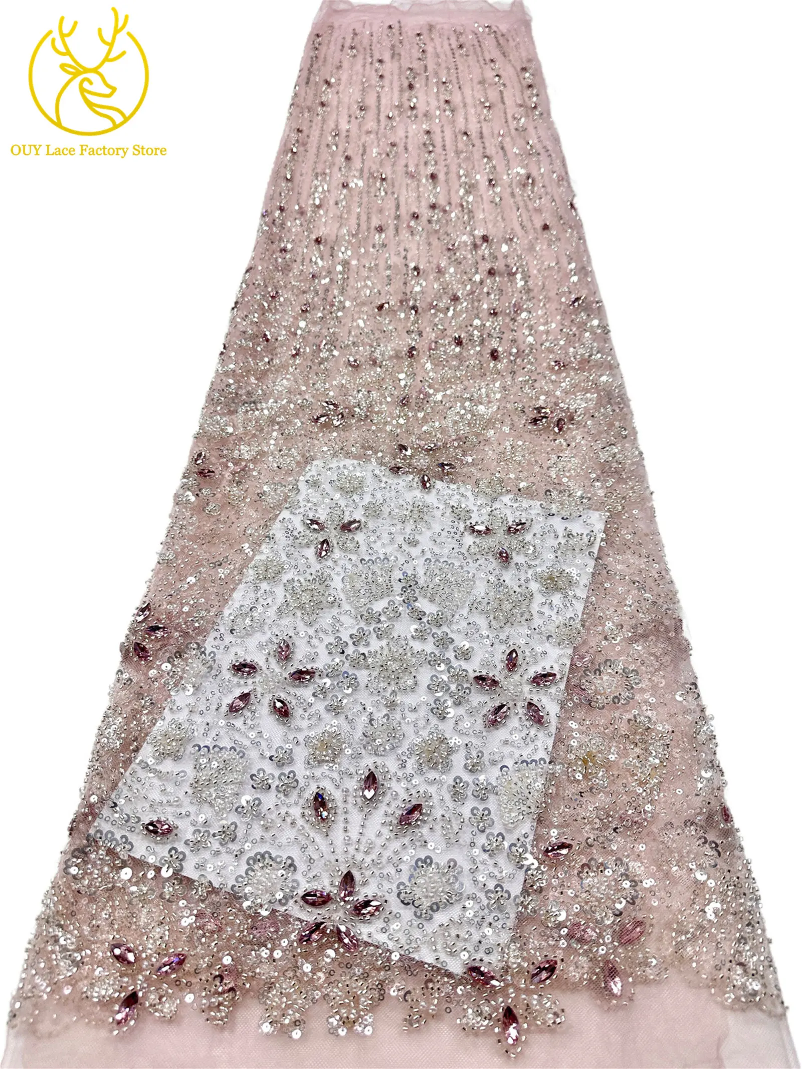 2026 Luxuriöser französischer Mesh-Spitzenstoff mit Perlen und Steinen, marineblau, afrikanischer nigerianischer Edelstein-Pailletten-Spitzenstoff zum Nähen von Hochzeitskleidern – Detail 17