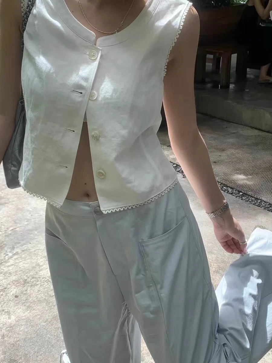 توب نسائي أنيق بياقة مستديرة وكشكشة بدون أزرار، إصدار جديد للصيف من مزيج القطن والكتان، قصير ومستقيم