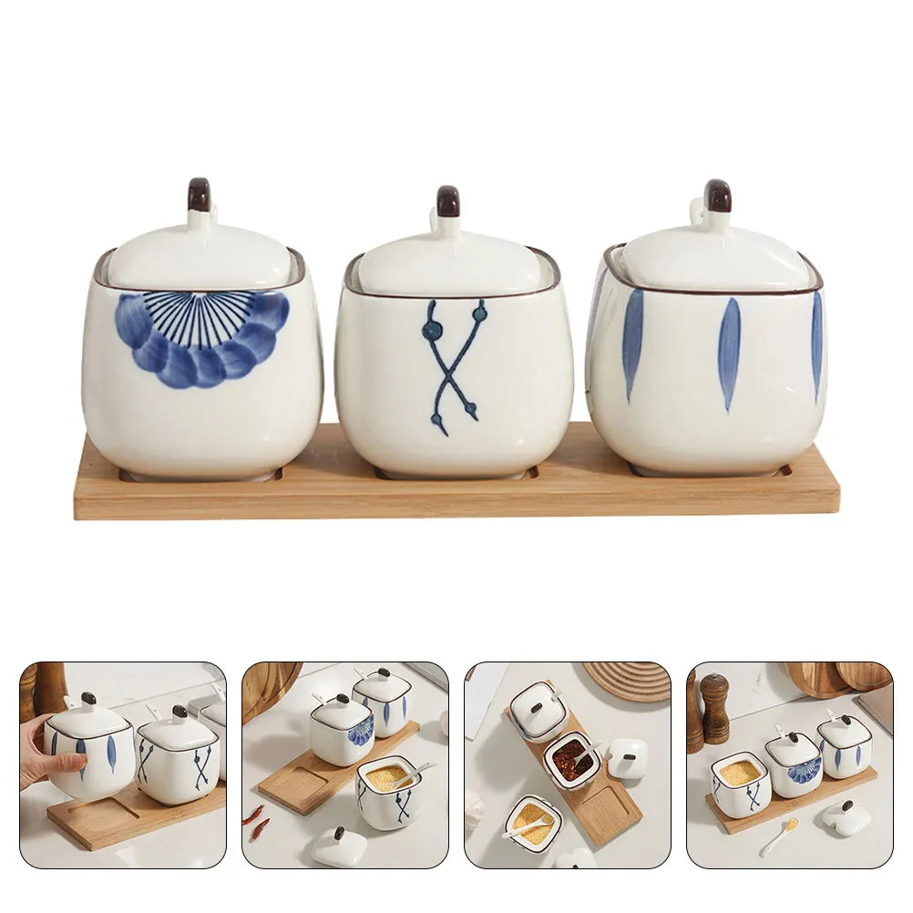 

1 set Ceramic Seasoning Jars Set With Spoons Kitchen Condiment Container For Salt Sugar Spice Storage Multi-Function//