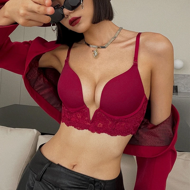 

Французский сексуальный бюстгальтер с глубоким V-образным вырезом, бесшовное нижнее белье, женские кружевные бюстгальтеры с вышивкой, пуш-ап, летний бюстгальтер со съемным ремешком и открытой спиной