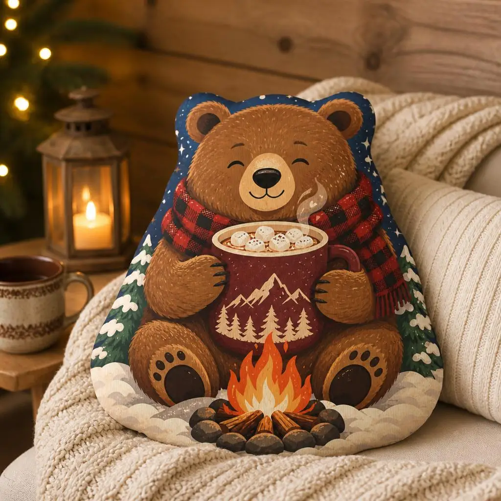 Campfire Bear Shaped Pillow Cozy Cocoa Cushion Winter Camping Throw Pillow Plush Stuffed Home Decor Gift for Campers Cabin