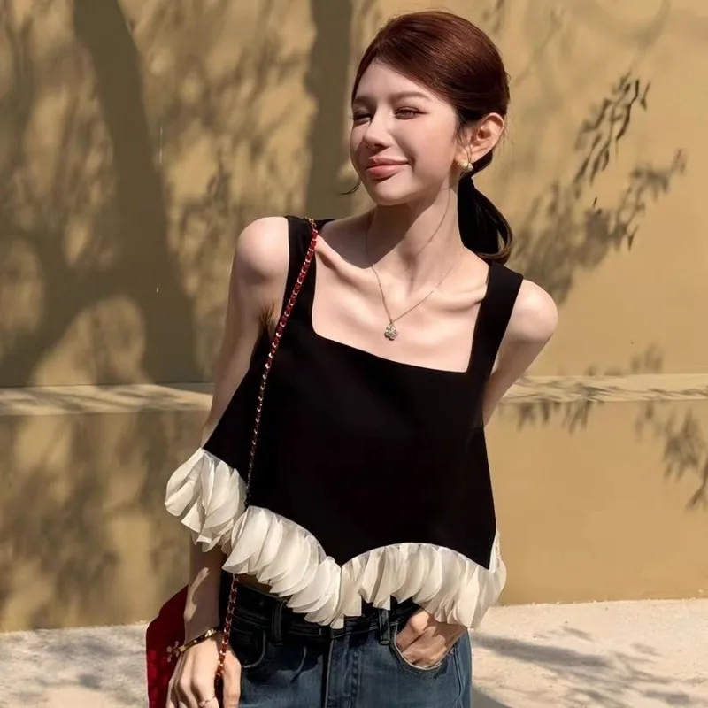 

Корейский стиль: Новинка лета 2026 – женский топ-халтер с цветовыми блоками и кружевом, повседневный, свободный, элегантный и стильный.