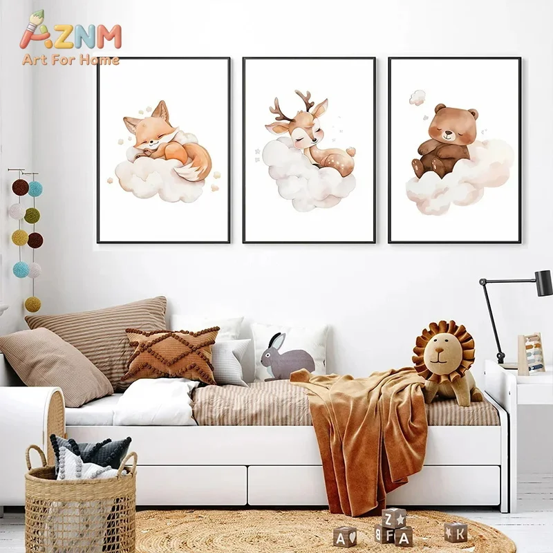 AZNM Watercolor Fox Deer Bear On Cloud Nursery Canvas Wall Art Decor