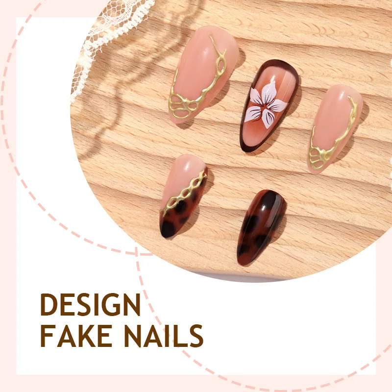 24 Uds Otoño Invierno ámbar almendra prensa en uñas flores 3D patrones dorados uñas postizas francesas para mujeres uñas postizas con estampado de leopardo