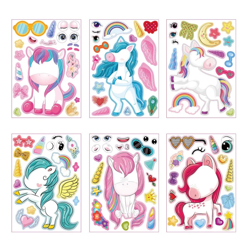 6 Sheets/Set Cartoon Unicorn Make A Face Assemble DIY Sticker Children Handmade Creative Kawaii Stickers Decoration