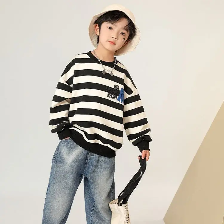 

Весенне-осенние корейские стильные модные полосатые толстовки с длинными рукавами для мальчиков, повседневная одежда для детей-подростков 3–14 лет, топы
