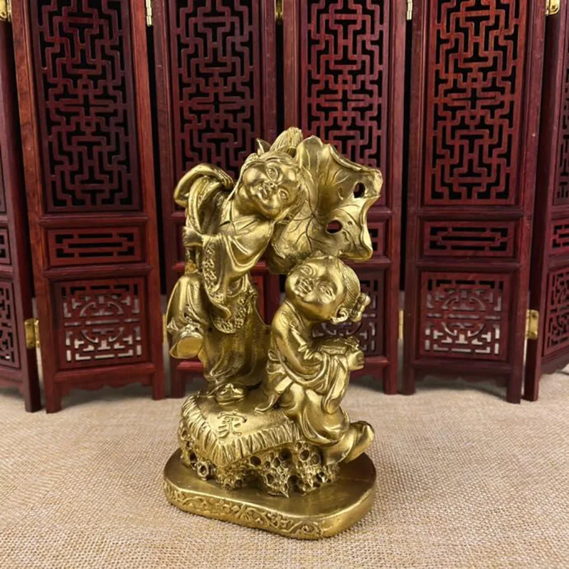 

Изысканная латунная гармония, два листья лотоса, широкий орнамент, латунная фигурка, украшение для детской дома, гостиной, ремесло, свадебное украшение