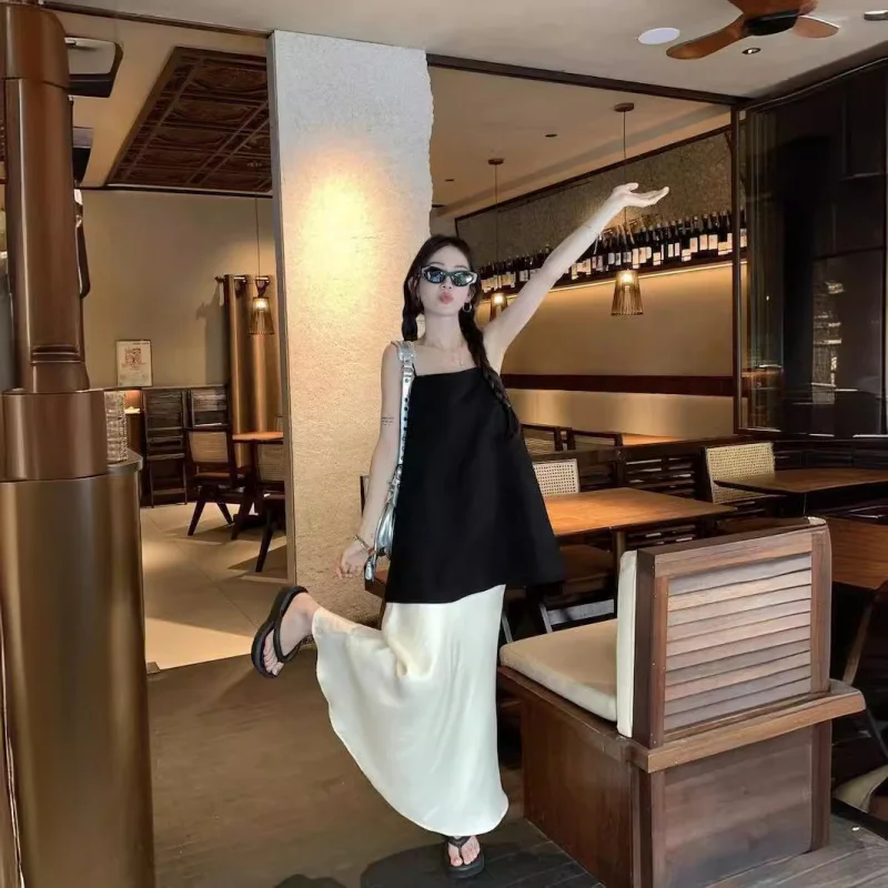 

Модный костюм, черный атласный топ на тонких бретельках, женская летняя темпераментная юбка, длинная юбка, комплект из двух предметов