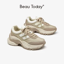 BeauToday Platform Sneakers Women Pig Suede Mixed Colors Thick Sole Patchwork Lace-up Spring Ladies Chunky Shoes Handmade 29467