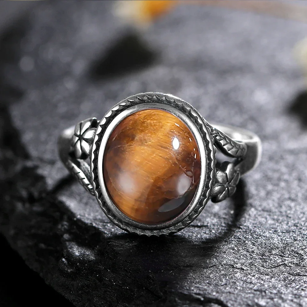 Natural Stone 925 Sterling Silver Ring Big Oval Tiger Eye  Stone Retro Engagement Wedding Party Gift for Men Women Jewelry