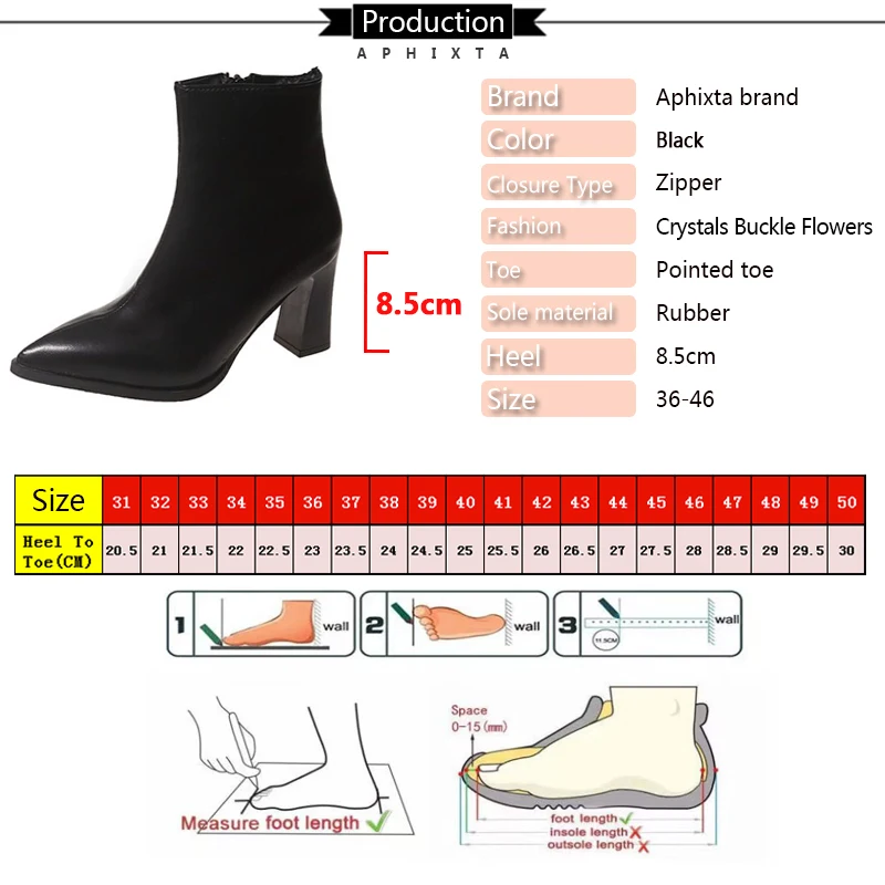 Aphixta Black Winter Zipper Warm Plush Ankle Boots Women 8.5cm Square Heel Zip Lady Footwear Shoes Super Big Size 44 45 46