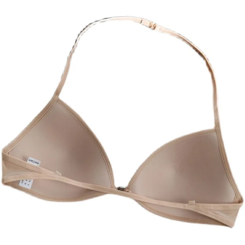 Ropa interior de copa triangular francesa para mujer con tirantes finos, parte de atrás bonita, halter, sujetador con hebilla frontal invisible fino, tr