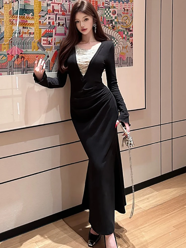 秋冬ブラックパッチワークホワイトVネックロングドレス女性プリーツボディコンフリルドレス2025韓国ヴィンテージラグジュアリーパーティードレス