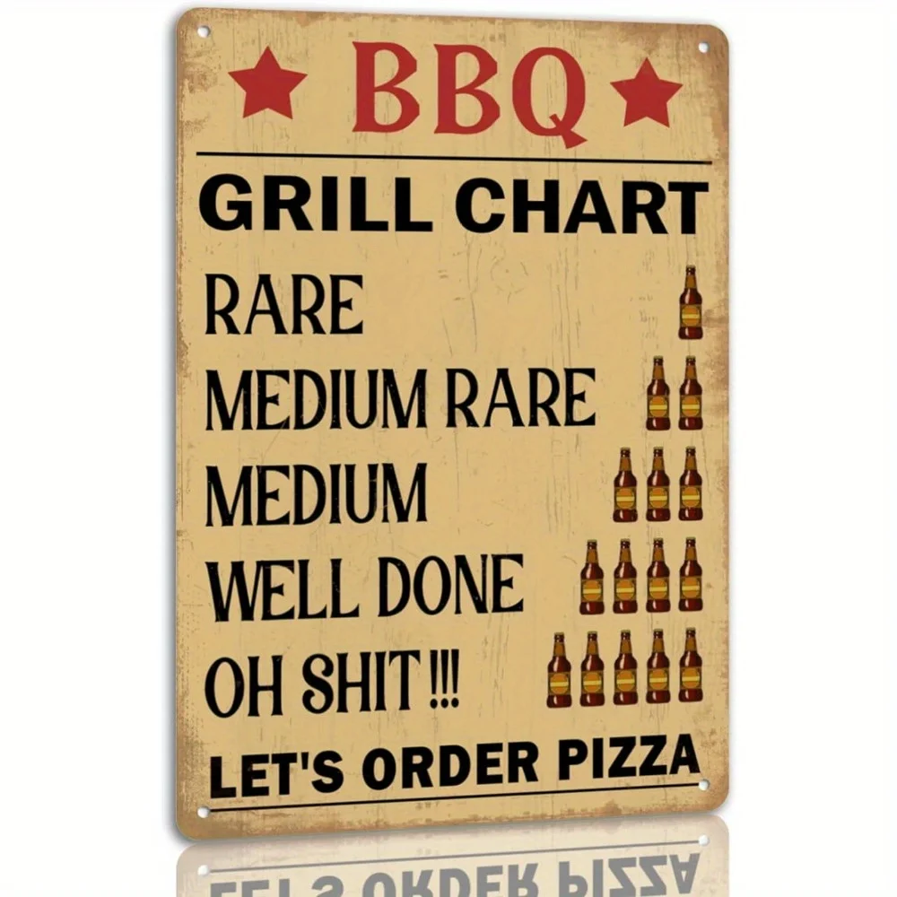 BBQ Grill Chart Vintage Metal Tin Sign - Funny Backyard Wall Decor Plaque for Outdoor Deck Porch Patio Decoration