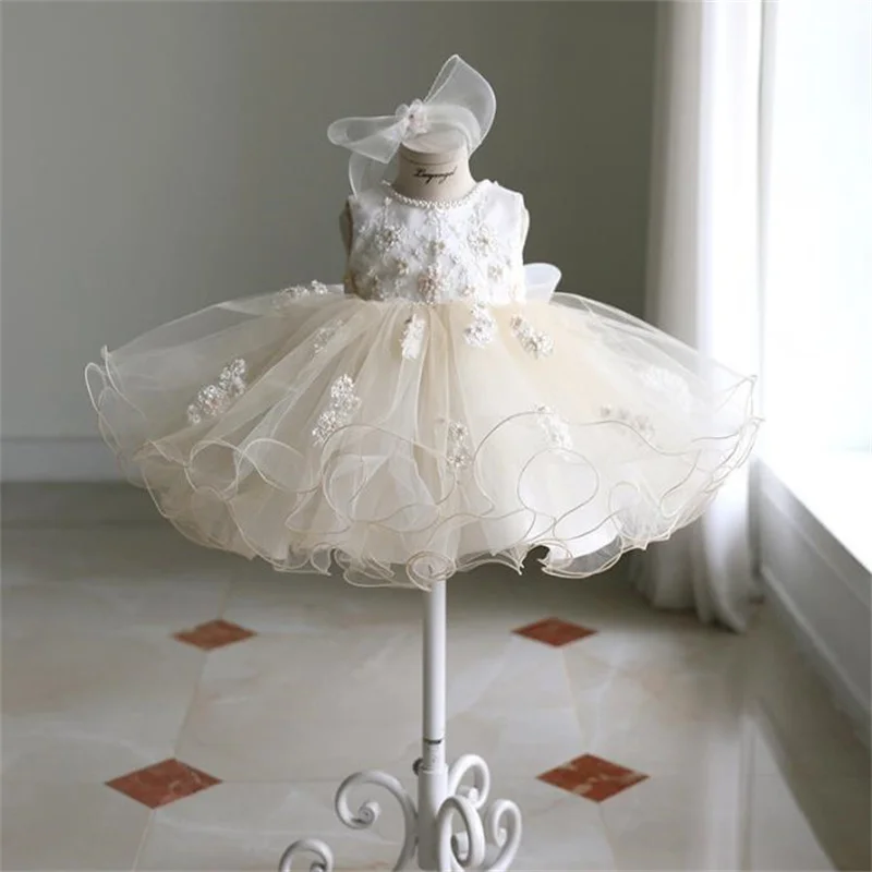 Girls Princess Dress Sleeveless Pearl Kids Dress White Embroidered Flower Puff Dress