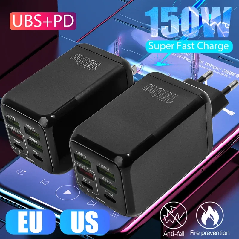 150W 6 Ports PD QC 3.0 USB C Quick Charger Wall Adapter Super Fast Charging For iPhone Samsung iPad Xiaomi Huawei Oneplus OPPO