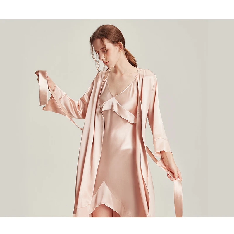 Winsleter Women Solid Nightdress Satin Knee-Length Robe Sets 6A 100%Mulberry Silk Pajamas Sets Ruffled Full Sleeve Sexy P36624QC