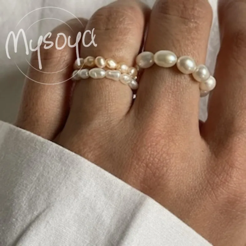 

MYSOYA White/Pink Rice-shaped Freshwater Pearl Ring 2-3mm With Gift Box For Her/Him Birthday/Wedding/Christmas/Anniversary Gift
