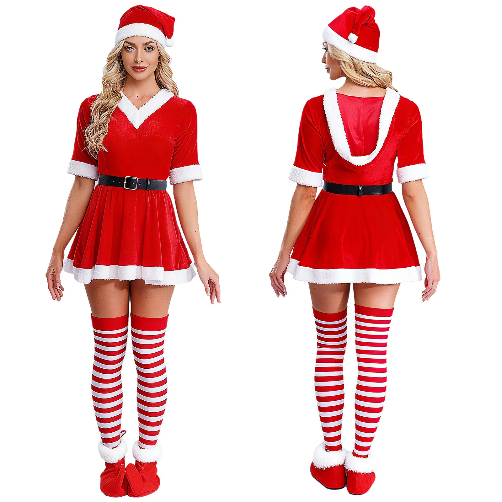 

Womens Red Christmas Mrs Santa Claus Outfits Hooded Dress+Waist Belt+Stockings+Hat+Shoes 5-piece Set for Xmas Cosplay Party