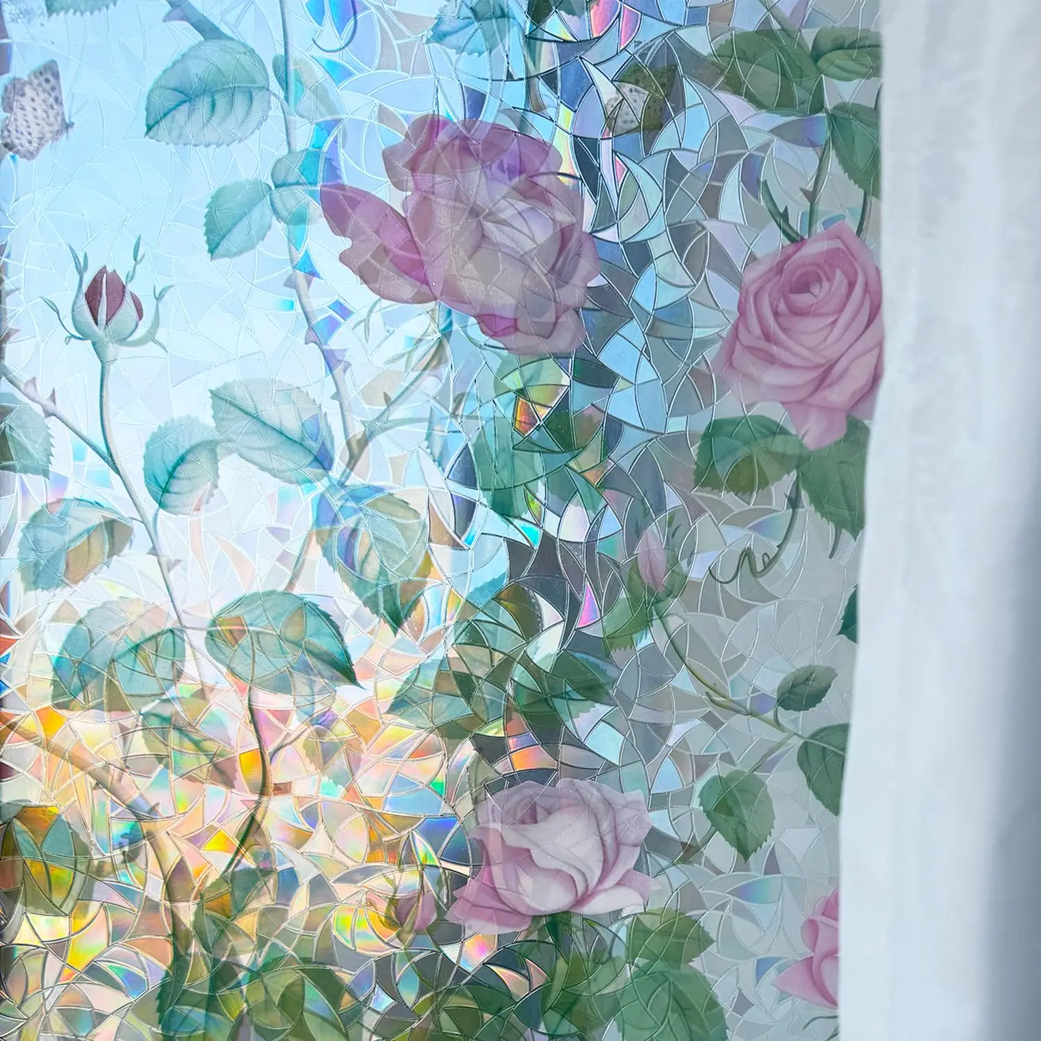 Pink Rose Rainbow 3D Stained Glass Window Film No Glue Reusable Static Cling Window Tint Privacy UV Block for Home Office Glass