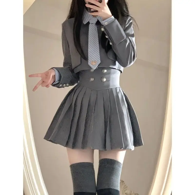 

Spring Women Korean JK Uniform Striped Long Sleeve Shirt Sailor Tie Grey Short Coat High-waisted Skirt Three Pieces Sweet Set