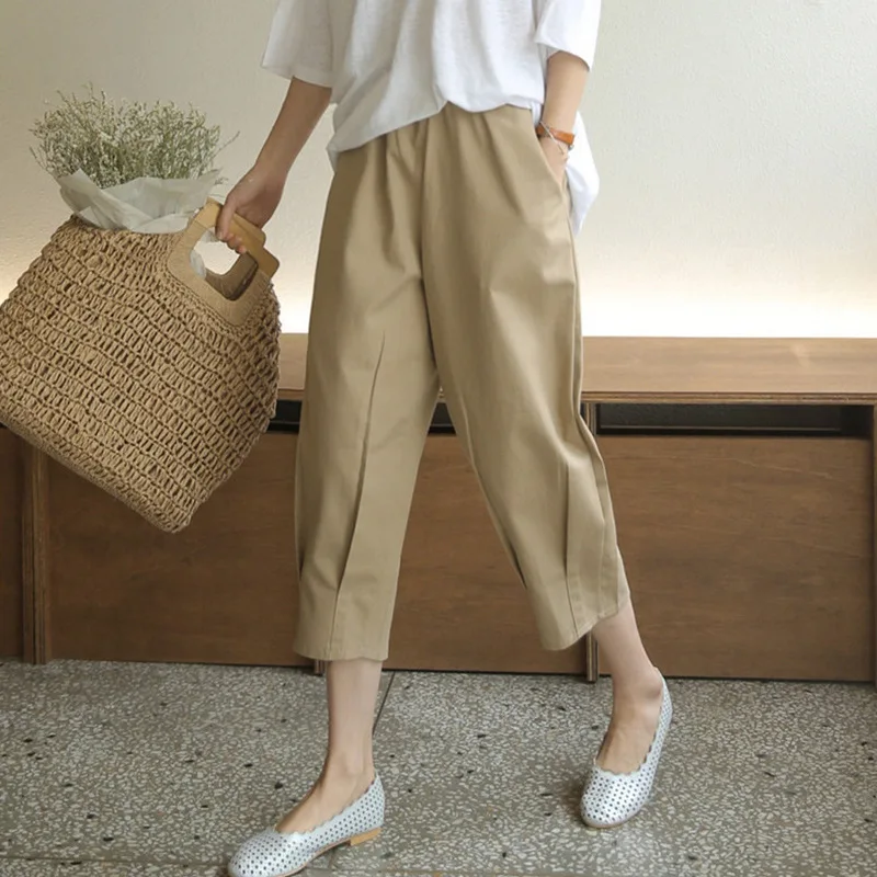 Women Cotton Linen Capri Pants Casual Classic Trousers Vintage Pocket Spliced Elastic Waist Ankle Length Loose Harem Pant Pants