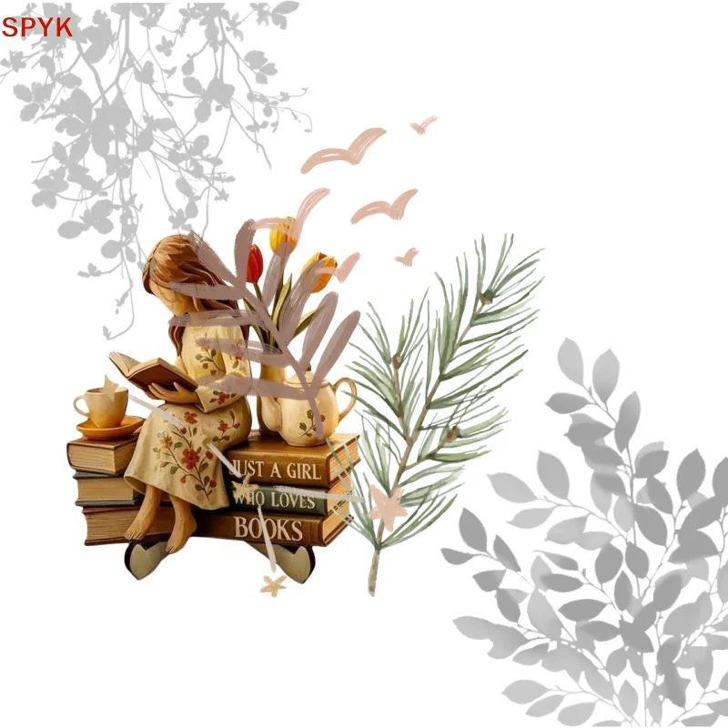 Reading Girl 2D Wooden Figurine, Creative Desktop Ornament for Study Room and Home Atmosphere Decoration