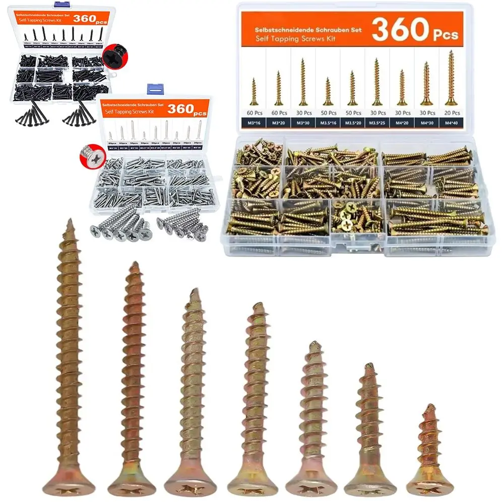 360 PCS M 3.5 Self-Drilling Wood Screws Carbon Steel Wood Screw Deck Screws Self Tapping Rust Resistant Wood Screws Woodworking