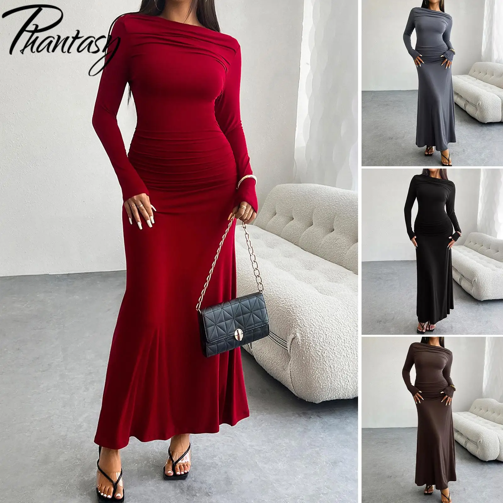 Phantasy Women Fish Tail Dress Solid Color Gown One Collar Hip Hugging Dress Long Sleeved Wedding Party Robe Autumn Clothing