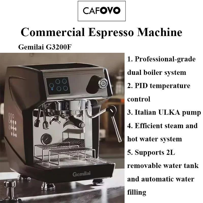 CAFOVO G3200F Commercial Espresso Machine Dual Boiler 2950W PID Temperature Control 4-Hole Steam for Cafe Restaurant Bar